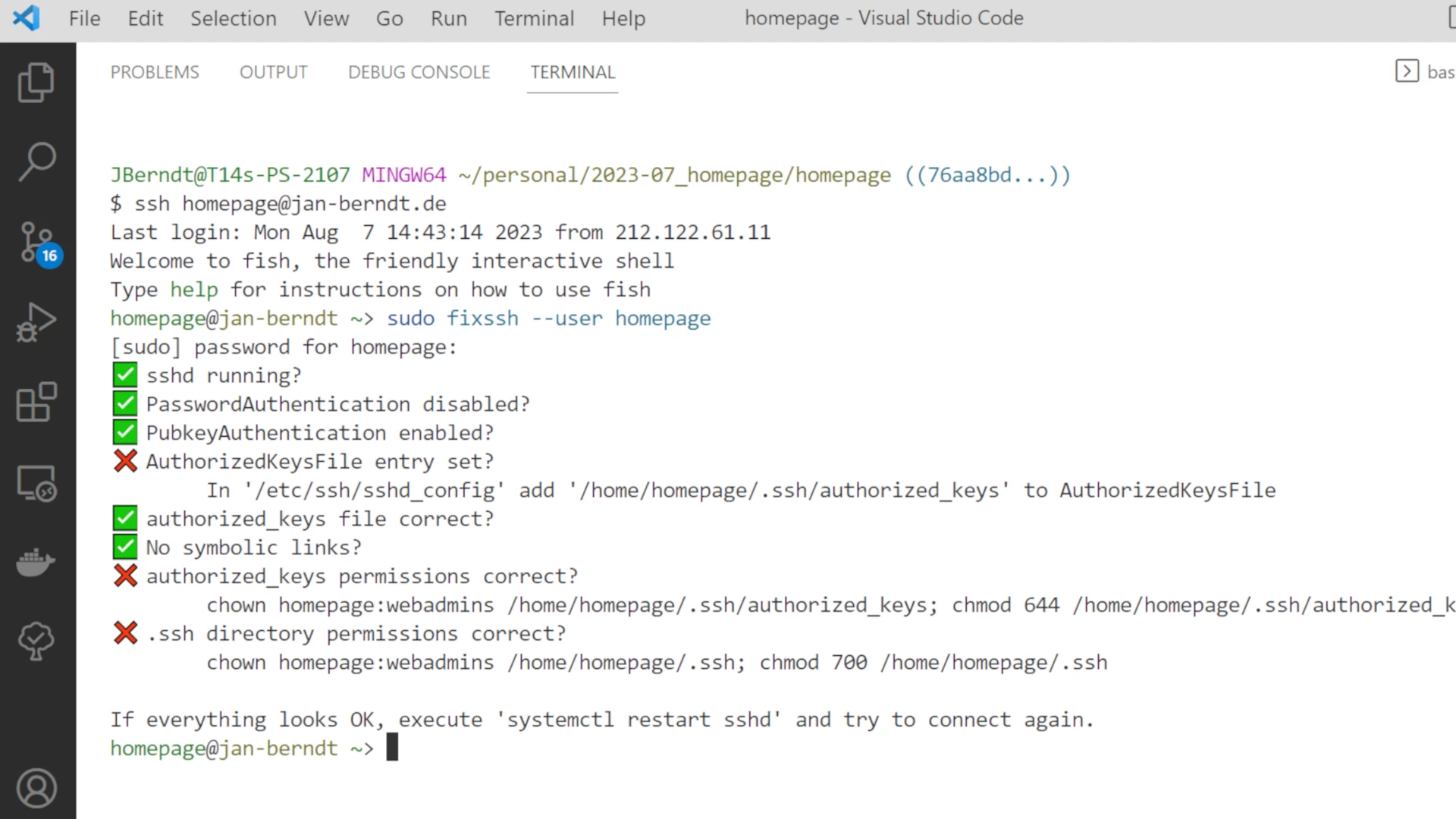 Screenshot von fixssh im VSCode-Terminal