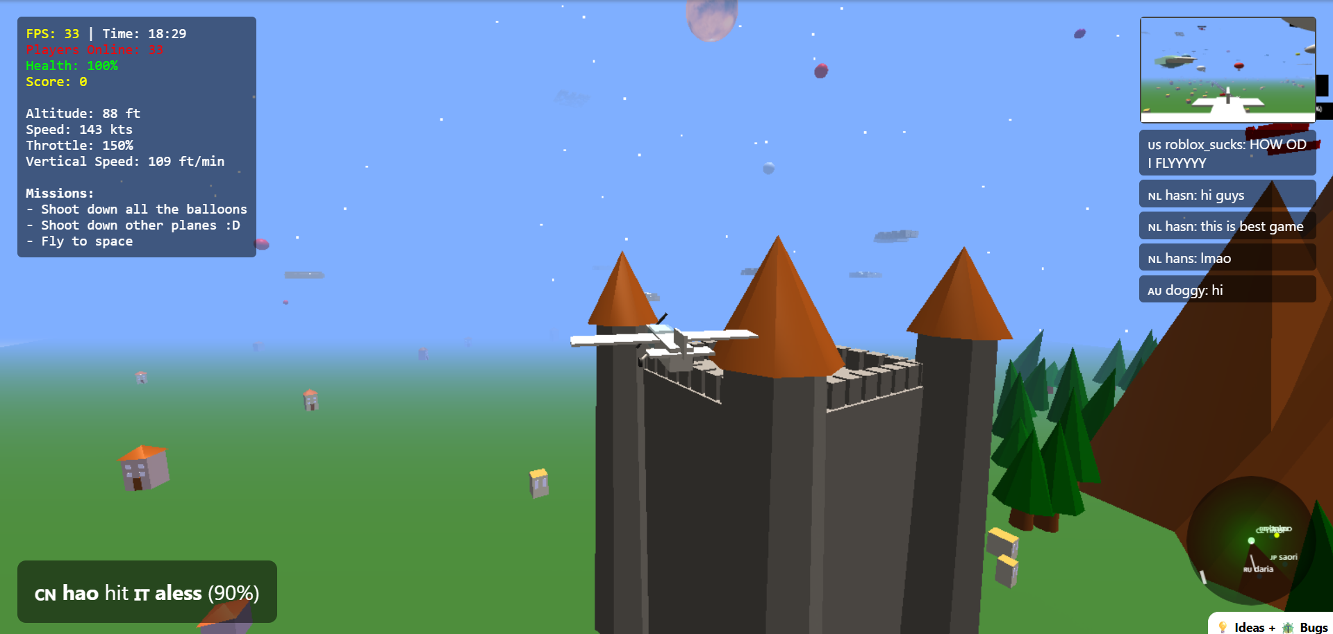 Screenshot of flight simulator web game with shoddy 3D graphics