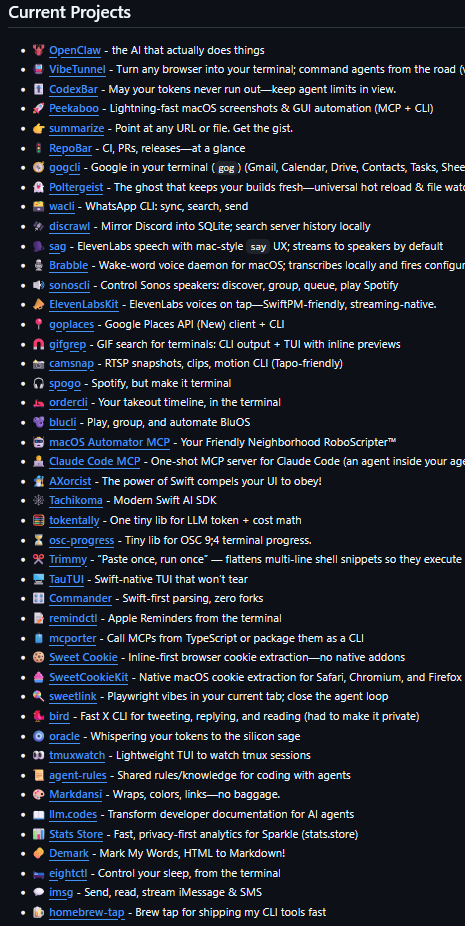 Github profile of Steinberger with ~50 different software projects actively maintained by him