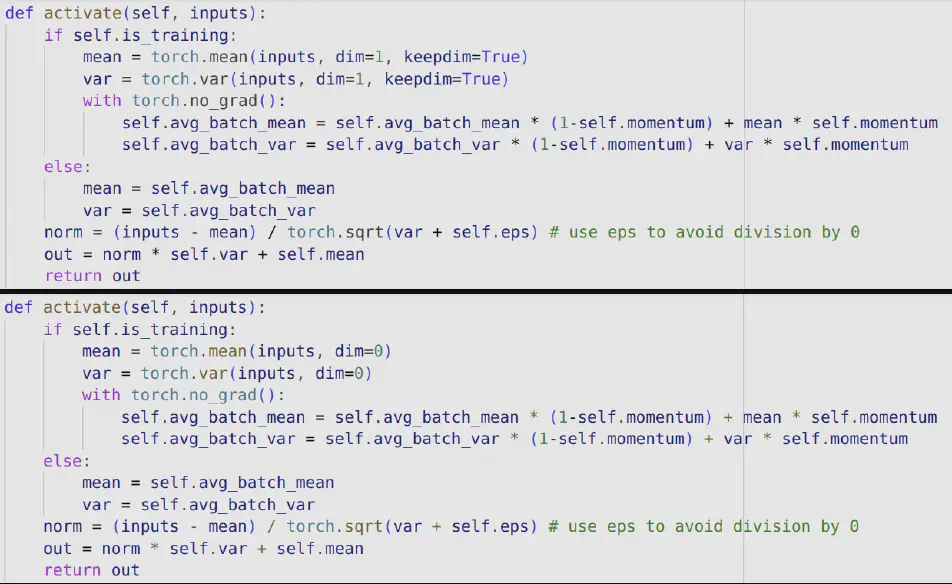 Screenshot of two code snippets of the batchnorm side-by-side