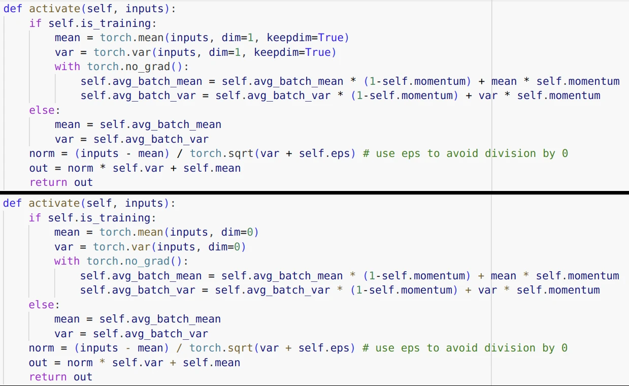 Screenshot of two code snippets of the batchnorm side-by-side