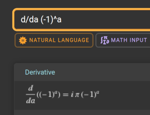 Plot showing the derivative of (-1)^a producing complex numbers